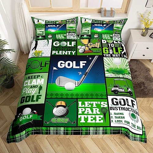 Manfei Golf Duvet Cover Set King Size, Outerdoor Sports Theme Bedding Set 3pcs for Kids Boys Teens Room Decor, Green Grid Lattice Patchwork Comforter Cover Ball Gaming Quilt Cover with 2 Pillowcases