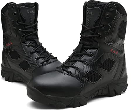 5.AA JX068 Leder Stiefel Kampfstiefel Einsatzstiefel mit Reissverschluss Militär Bundeswehr Wandern Tactical Boot Schwarz 44EU
