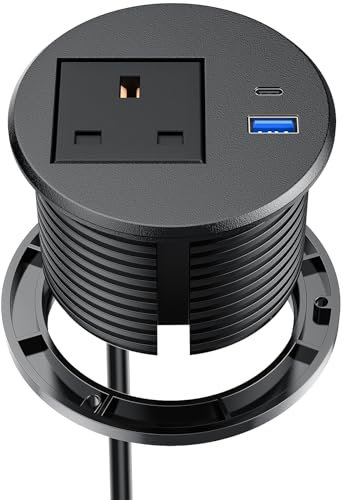 Power Strip USB C PD 20W, Ohuo Desk Grommet Power Socket 80mm with USB C, Recessed Extension Lead with 2 USB Ports, 2m Cable