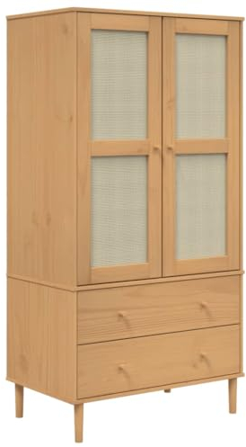 vidaXL Kleiderschrank, Garderobenschrank mit 2 Schubladen 4 Fächern, Garderobe Mehrzweckschrank mit Rattan-Optik, Schrank Flurschrank, Braun Kiefernholz
