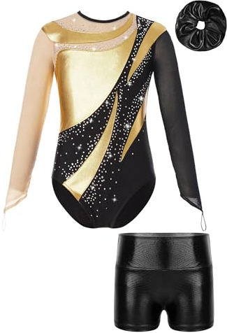 iiniim Kinder Mädchen Turnanzug Gymnastikanzug Trikotanzug Glänzend Gymnastik Leotard mit Shorts Haarband Wettbewerb Tanzkostüm Gold&Schwarz 146-152
