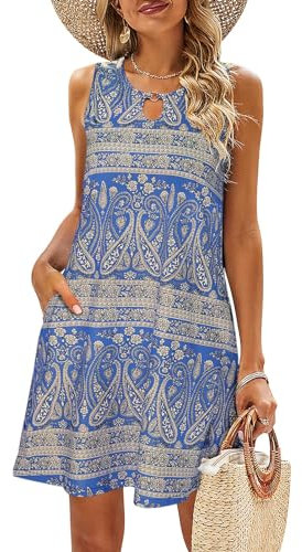VEUNCOS Sonnenkleid für Strandurlaub Boho Kleider Strand Kurzes Kleid mit Taschen,Blau Bedruckt L
