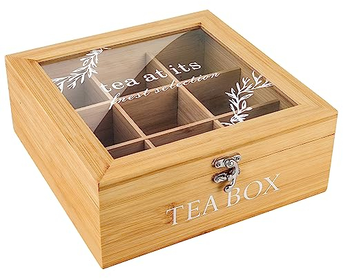 Zoutpy Holz Teebox mit 9 Fächern, Teebeutel Aufbewahrung/Organizer, Teekiste mit Sichtfenster für Teebeutel, Zucker, Kaffeepads (Holz)
