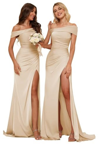 Robe de demoiselle d'honneur sirène en satin pour femme avec épaules dénudées et traîne fendue, rose gold, 46