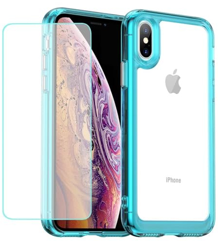 Wanyuexes Case for iPhone Xs Max Case with Tempered Glass Screen Protector, Anti Yellowing Clear Hard PC Back & Soft TPU Bumper Protective Phone Cover for iPhone Xs Max Crystal Blue