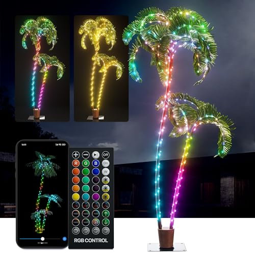 Palmier lumineux de 2,1 m avec 2 troncs, 209 LED RVB, faux arbre lumineux pré-éclairé, changement de couleur, synchronisation de la musique, application et télécommande, décoration extérieure pour