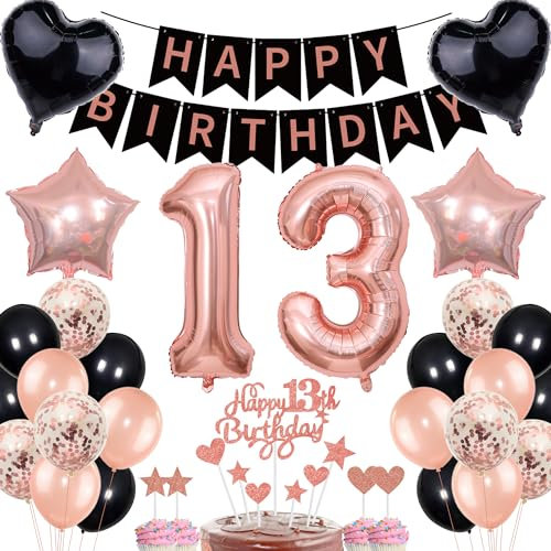 Rose Gold 13 Girls Birthday Decoration - Cake Topper, Balloons, Gift for 13th Birthday Celebration