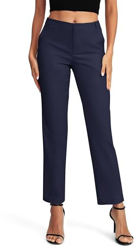 EXCHIC Donne Business Casual Elastica Vita Gamba Dritta Pantaloni con Tasche(S, Blu Navy)