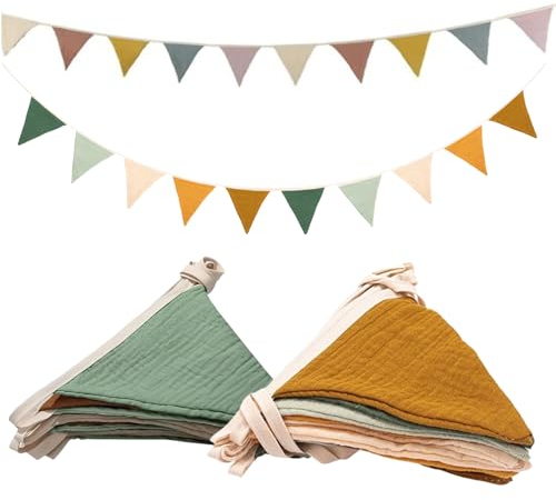 Wimpelkette Kinderzimmer,Musselin Baumwolle Stoff Wimpelkette,Girlande Kinderzimmer Deko zum Aufhängen, Hausbett Deko Mädchen & Jungen,Wanddeko Geschenk,Babyzimmer Dekoration (Morandi Beige + Grün)