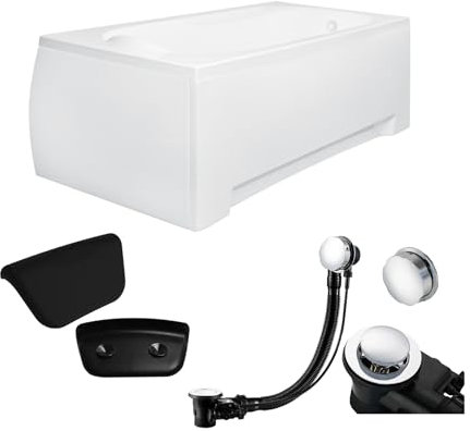 KOLMAN KOMPLETTSET 5in1 Acryl Weiß Wanne Badewanne Rechteck 180x80 cm BONA Made in EU + Acrylschürze + Badkissen KODI in Schwarz, mit Premium Ablaufgarnitur in Chrom & Wannenfüße