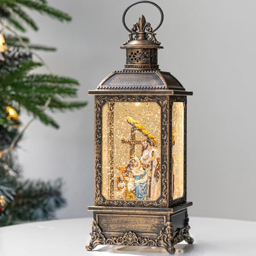 VISFLAIR Weihnachtsschneekugel, beleuchtete Krippe mit musikalischer Wasserlaterne, Traditionell, Kunststoff, 29 cm Krippe, Heilige Familie