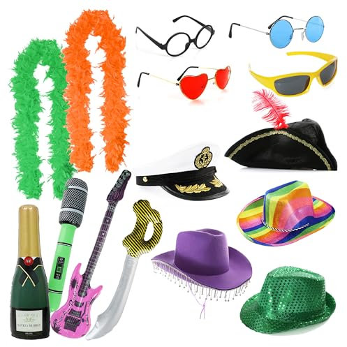 15pc Neon Photobooth Party Pack - Bright Feather Boas, Assorted Hats, Inflatable Props, Assorted Glasses - Party Photo Booth Props Neon Party Supplies for Adults