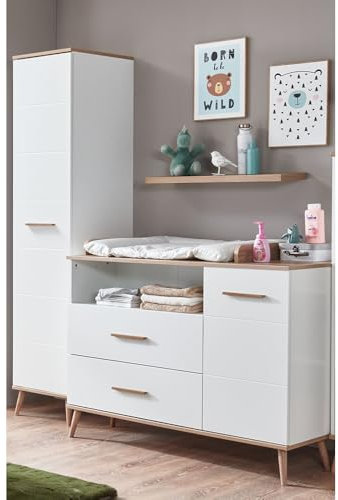 Lomadox Babyzimmer Set Schrank Wickelkommode Wickelaufsatz Wandboard skandinavischer Stil weiß mit Eiche