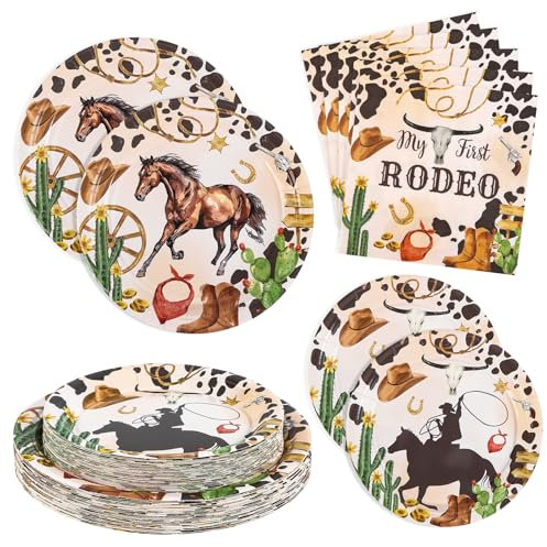 BORAENDEY 180-teiliges Cowboy-Partyzubehör für 60 Personen, Western-Cowboy-Rodeo-Themenparty, Pappteller und Servietten-Set für Geburtstagsparty, Babyparty, Party-Dekorationen, inklusive Pappteller,