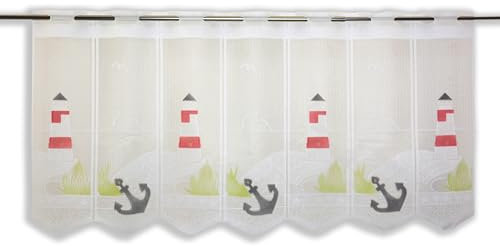 Clever-Kauf-24 Scheibengardine Leuchtturm | HxB 45x135cm | Anker Meer | rot | maritim | Bistrogardine |