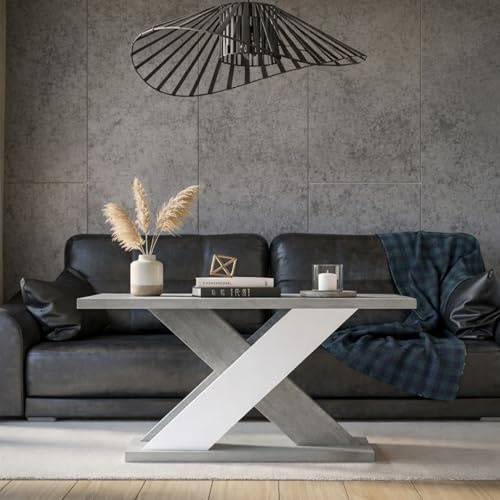 Xara MINI Couchtisch 110x70 cm Betonoptik Weiß Matt, X-Gestell | Rechteckiger Wohnzimmertisch 110 x 70 x 60 cm, X-Gestell, moderner Sofatisch