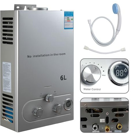 Calentador de agua de gas GLP, calentador de agua instantáneo de gas, modos de invierno y verano, protección contra sobrecalentamiento, con cabezal de ducha y fontanería, para el hogar, exterior,