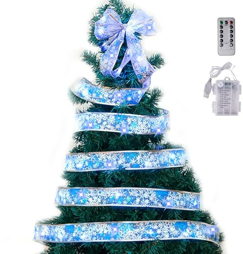 10m Weihnachtsband Lichter,100 LED Band Weihnachtsbeleuchtung,Schleife Glänzende Band Lichterkette,Batteriebetriebene Band Lichterkette,Weihnachtsbaum Band Lichter für Party,Hochzeiten,Festivals