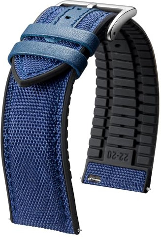 BINLUN Bracelets de Montre en Nylon Silicone Dégagement Rapide Bracelet Montre Remplacement Hybride Toile Caoutchouc Pour Hommes Femmes 9 Couleurs (Bleu Foncé/Boucle Argent,22mm)