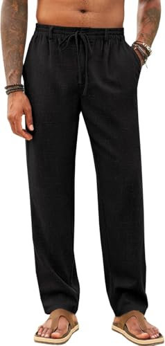 Runcati Herren Hose Lang Bügelleicht Freizeithose Männer Leicht Sommerhose Strand Yogahose mit Taschen Elastischer Bund, Schwarz, XL