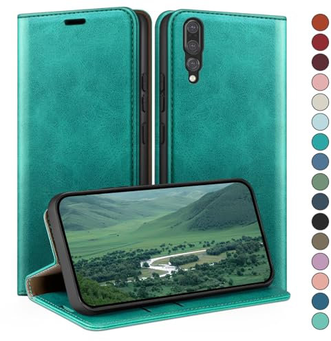 HUOUH für Huawei P20 Pro Hülle mit RFID Schutzhülle aus Lederhülle Handyhülle,Kartenfach Leder ständer Handy hülle,360 Grad Schutz Cover für Huawei P20 Pro Klapphülle Wallet Case Blaugrün