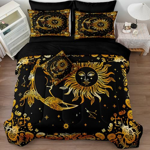 Bettwäscheset mit Sonne und Mond, Kingsize-Bett in einer Tasche, goldfarbene Sterne, Sternenhimmel, Galaxie-Thema, Boho-Chic-Bettwäsche, mit Paisleymuster, botanische exotische Tröster