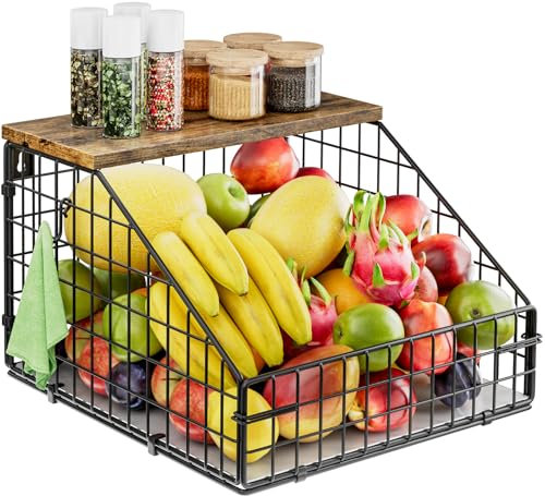 Cisivis Obstkorb, hängende Obstschale, Obst- und Gemüseaufbewahrung, Wandmontage, stapelbares Obstschalenregal mit Holzdeckel, Küchen-Organizer, hängender Obstkorb, Metall-Obstregal, groß