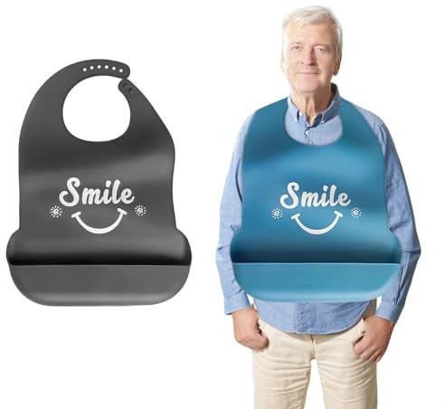 SupRovare 2 Stücke waschbare Silikon Lätzchen für Erwachsene mit Auffangbehälter, Wiederverwendbare Latz für Erwachsene für ältere Männer Frauen（Grau, Blau）