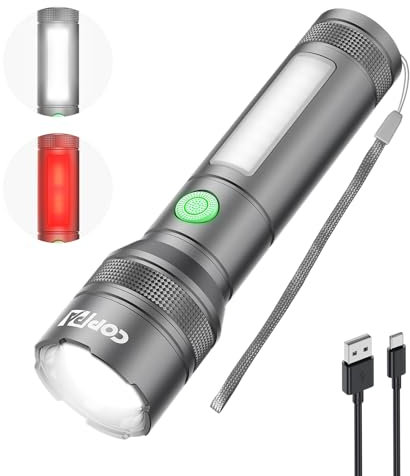 COPPA Lampe Torche, Lampe de Poche LED Rechargeable Ultra Puissante 6 Modes Zoomable Mini Lampe de Poche en Aluminium avec Lampe Latérale Rouge pour Urgence Randonnée Camping, Grise