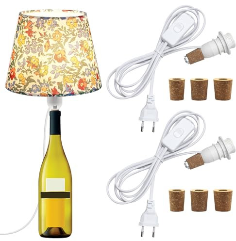 E14 Lampenfassung für Flaschen 2 Stück, Fassung mit 240CM Kabel Schalter, Weiß Flaschenadapter Lampe, Flaschenlicht mit 3 Kork, Flaschenlampe Aufsatz, DIY Tischlampe Kit für Vielfältig Flaschen