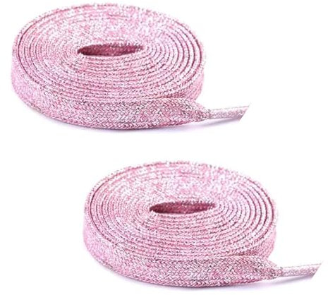 Leliafleury 2 paia di lacci piatti glitterati da 120 cm x 10 mm, lacci metallici glitterati per scarpe, lacci di ricambio per scarpe da ginnastica, skate, stivali sportivi, rosa chiaro