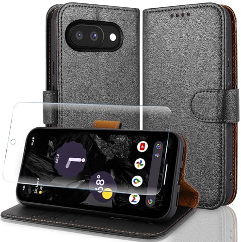 Case Collection for Google Pixel 9a Case and Screen Protector - Leather Folio Flip [Kickstand] Shockproof Cover [RFID Blocking] with Magnetic Wallet for Pixel 9a Phone Case Black