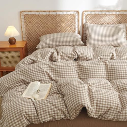 Sedefen Bettwäsche 200x220 Baumwolle Beige Kariert Gittermuster,Leinenoptik | Renforce,Oeko-TEX zertifizierte,Aesthetic Bettwäsche für Allergiker,Bettbezug mit Reißverschluss 2 Kissenbezug 80x80