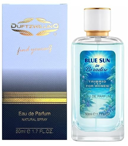 BLUE SUN IN PARADISE - Eau de Parfum FUSION für Damen - Hybridduft TRIBRID von DuftzwillinG, frisch-cremig-fruchtiges Parfüm, Damenduft (50ml Prime)
