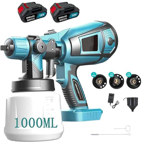 500W Akku Farbsprühsystem, 1000ML HVLP Farbsprühgerät, Handheld Spritzpistole ，3 Sprühmuster & 3 Düsen ，Verstellbarem Farbfluss Farbspritzpistole für Wand und Holz, Metalle﻿