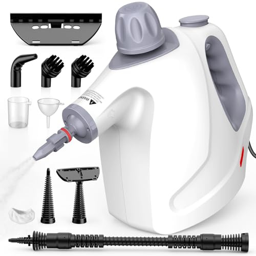 Dampfreiniger Handgerät, 1050W 110℃ 3,2Bar Hochdruck Handdampfreiniger für alles mit 10 Zubehör, Chemiefrei, Sicherheitsschloss, Entfernt Fett, Schmutz, Steam Cleaner für Fenster Auto Polster - Weiß