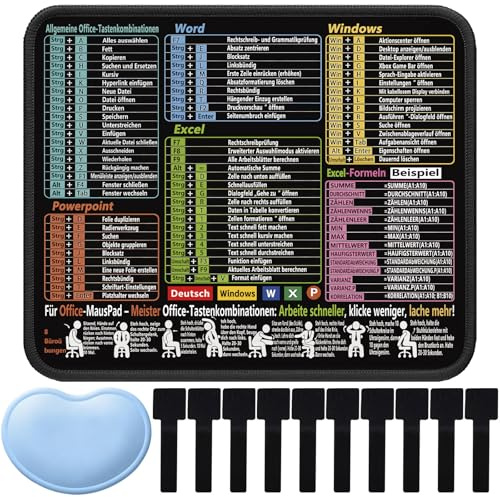 JYJLLM 12-teiliges Mauspad Deutsch mit Excel Word Windows PowerPoint Shortcuts 300x255mm, Handballenstütze & Klettband, Anti-Rutsch Schreibtischunterlage