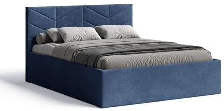 Meblofun Polsterbett Losange mit Kopfteil, 160x200 cm, Doppelbett mit Bettkasten und Lattenrost aus Holz, Velourstoff, Farbe: Blau