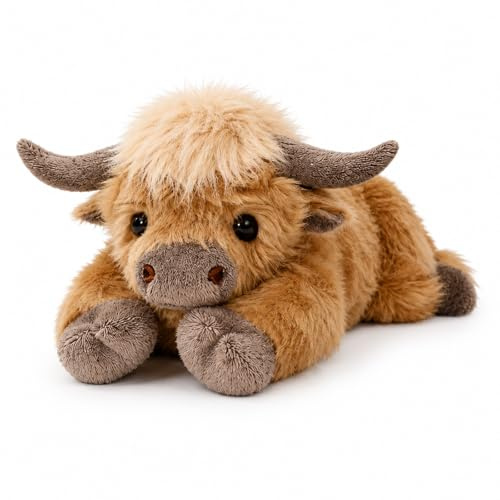 Clyrax Hochlandrind Kuscheltier, Hochlandkuh Plüschtier, Braun Highland Cow Kuscheltier, Bauchlage Kuh Plüschtier, Schottisches Hochlandrind für Party Geburtstag, Schottland Geschenke, 35×22×14cm