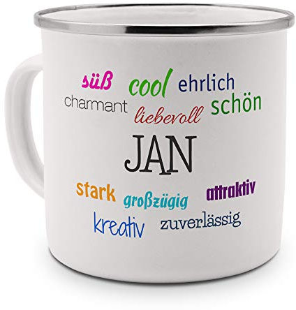 printplanet Emaille-Tasse mit Namen Jan - Metallbecher mit Design Positive Eigenschaften - Nostalgie-Becher, Camping-Tasse, Blechtasse, Farbe Silber