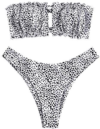 ZAFUL Damen Bikini Set, schulterfrei Bandeau mit Kordelzug & Rüschen High Cut Bademode mit Tierdruck (Speck, M)