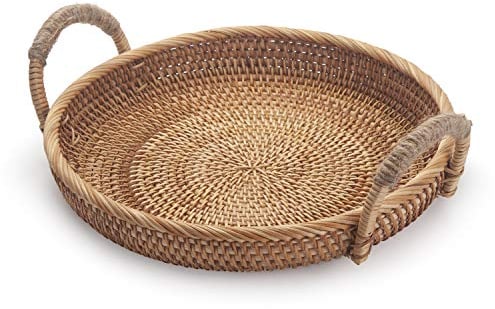 Round Woven Bread Basket Natural Fruits Storage Tray with Handles for Serving Food, Crackers, Snacks Natural (28cm D x 4.5cm H)