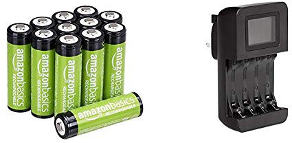 Amazon Basics AA Rechargeable Batteries 2000mAh (12-Pack) Pre-charged & Intelligent Digital Battery Charger for 4 AA, AAA