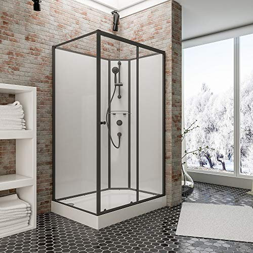 Schulte cabine de douche complète en kit 120 x 90 x 204 cm (bac de douche inclus), profilé noir avec receveur et robinetterie, porte coulissante, ouverture vers la droite, verre de sécurité