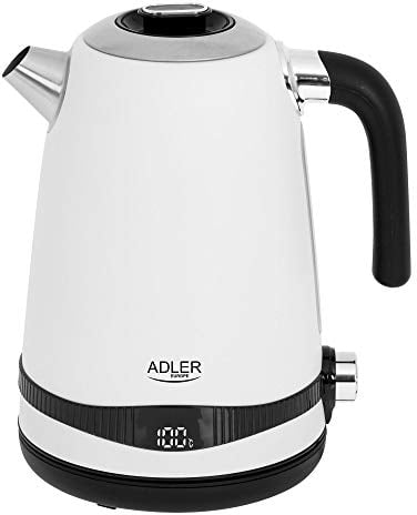 Adler AD1295W Hervidor Agua Eléctrico, Vintage, 1,7 L, sin BPA, Pantalla LCD, Control de Temperatura, Acero Inoxidable, Inalámbrico, Resistencia Oculta, Apagado Automático, 2200W, Blanco