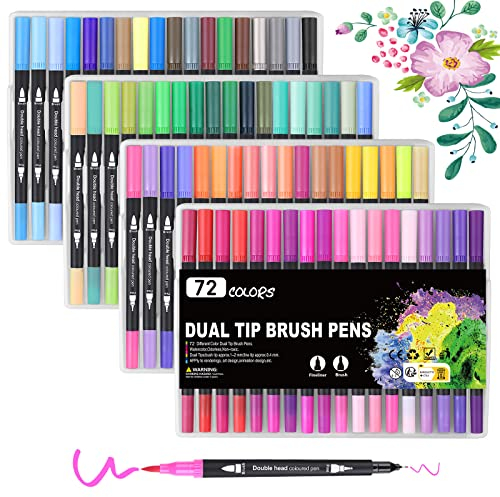 FURNIZONE Filzstifte Doppelseitig 72 Farben Dual Brush Pen Set Brush Marker Pinselstifte Journal Zubehör Stifte für Handlettering Ausmalen Erwachsene