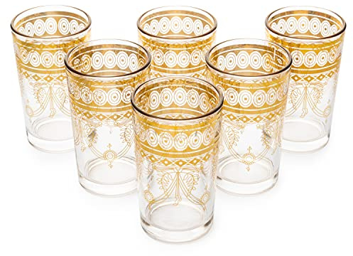 Marokkanische handgefertigte Marokkanische Mehrzweck-Gläser für marokkanischen Tee, Kaffee und Wein, heiß und kalt, 170 ml, mundgeblasen, Kristallgold, 6 Stück