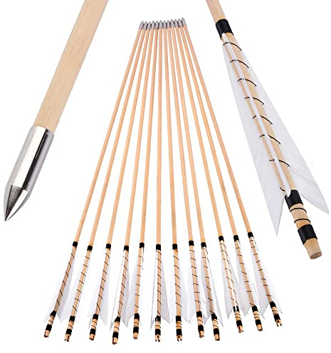 SHARROW 6/12P Holzpfeile 32 Zoll Handarbeit Pfeile für Zielscheibe Bogenschießen Erwachsene Jagd Pfeile mit 5 Truthahn Federn für traditioneller Bogen Pfeil Recurvebogen Langbogen (12, Pfeil)