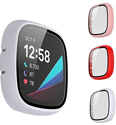 3er-Pack Displayschutzfolie kompatibel mit Versa 3/Sense, PC + gehärtete Folie, vollständige Abdeckung, Displayschutz, Hartschalen-Schutzhülle für Damen und Herren (Rosa/Rot/Weiß)