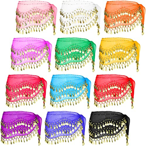 Yahenda 12 Pieces Belly Dance Hip Scarf Skirt with Coins, Classic Colors